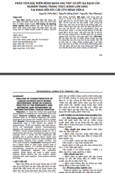 Phân tích đặc điểm bệnh nhân ung thư có sốt hạ bạch cầu nghiêm trọng trong thực hành lâm sàng tại khoa hồi sức cấp cứu Bệnh viện K
