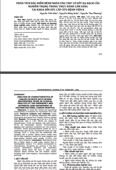 Phân tích đặc điểm bệnh nhân ung thư có sốt hạ bạch cầu nghiêm trọng trong thực hành lâm sàng tại khoa hồi sức cấp cứu Bệnh viện K