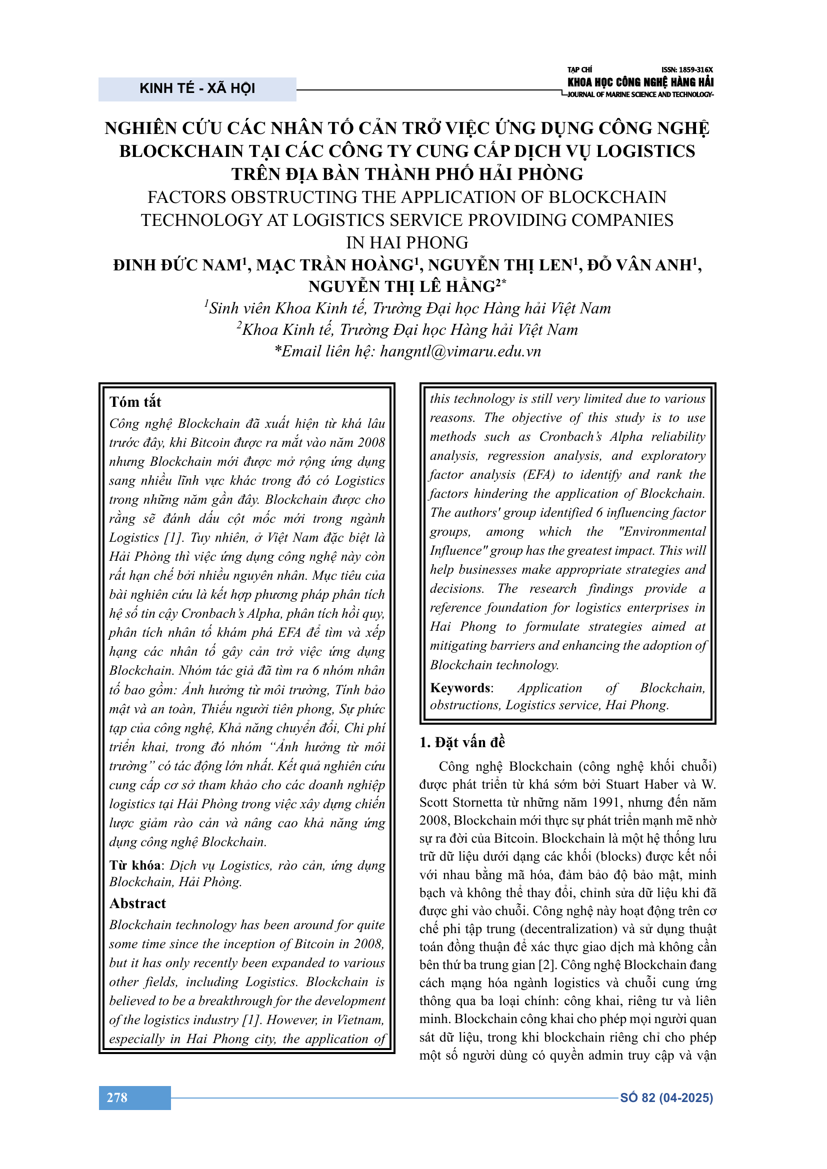 Nghiên cứu các nhân tố cản trở việc ứng dụng công nghệ Blockchain tại các công ty cung cấp dịch vụ logistics trên địa bàn thành phố Hải Phòng