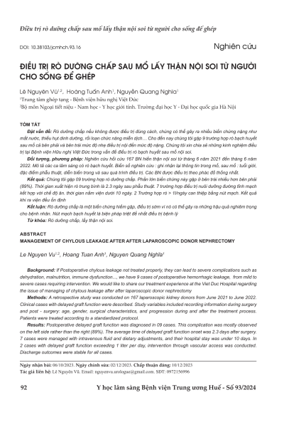 Điều trị rò dưỡng chấp sau mổ lấy thận nội soi từ người cho sống để ghép