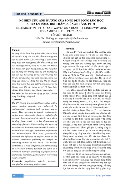 Nghiên cứu ảnh hưởng của sóng đến động lực học chuyển động bơi thẳng của xe tăng PT-76
