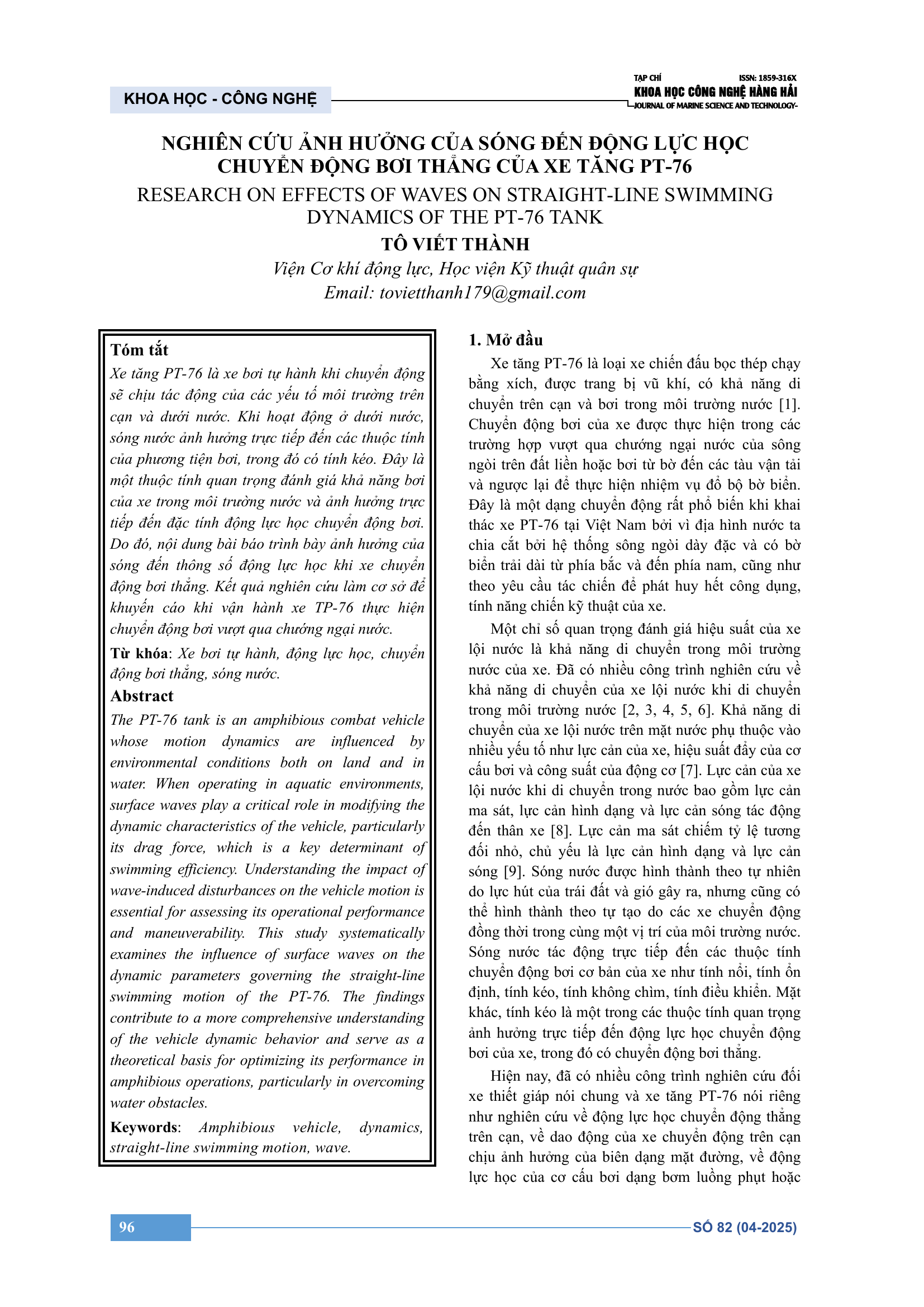 Nghiên cứu ảnh hưởng của sóng đến động lực học chuyển động bơi thẳng của xe tăng PT-76