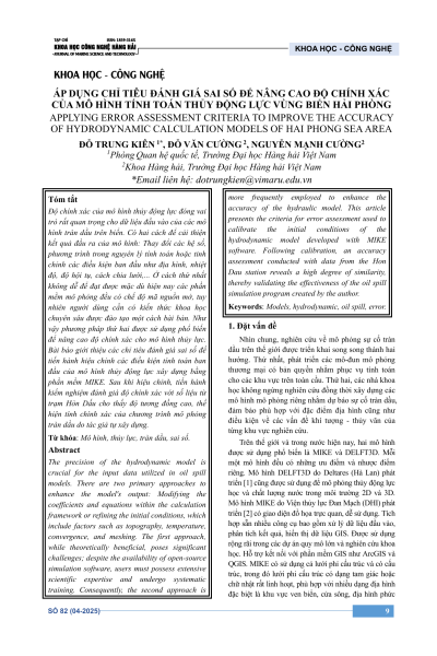 Áp dụng chỉ tiêu đánh giá sai số để nâng cao độ chính xác của mô hình tính toán thủy động lực vùng biển Hải Phòng
