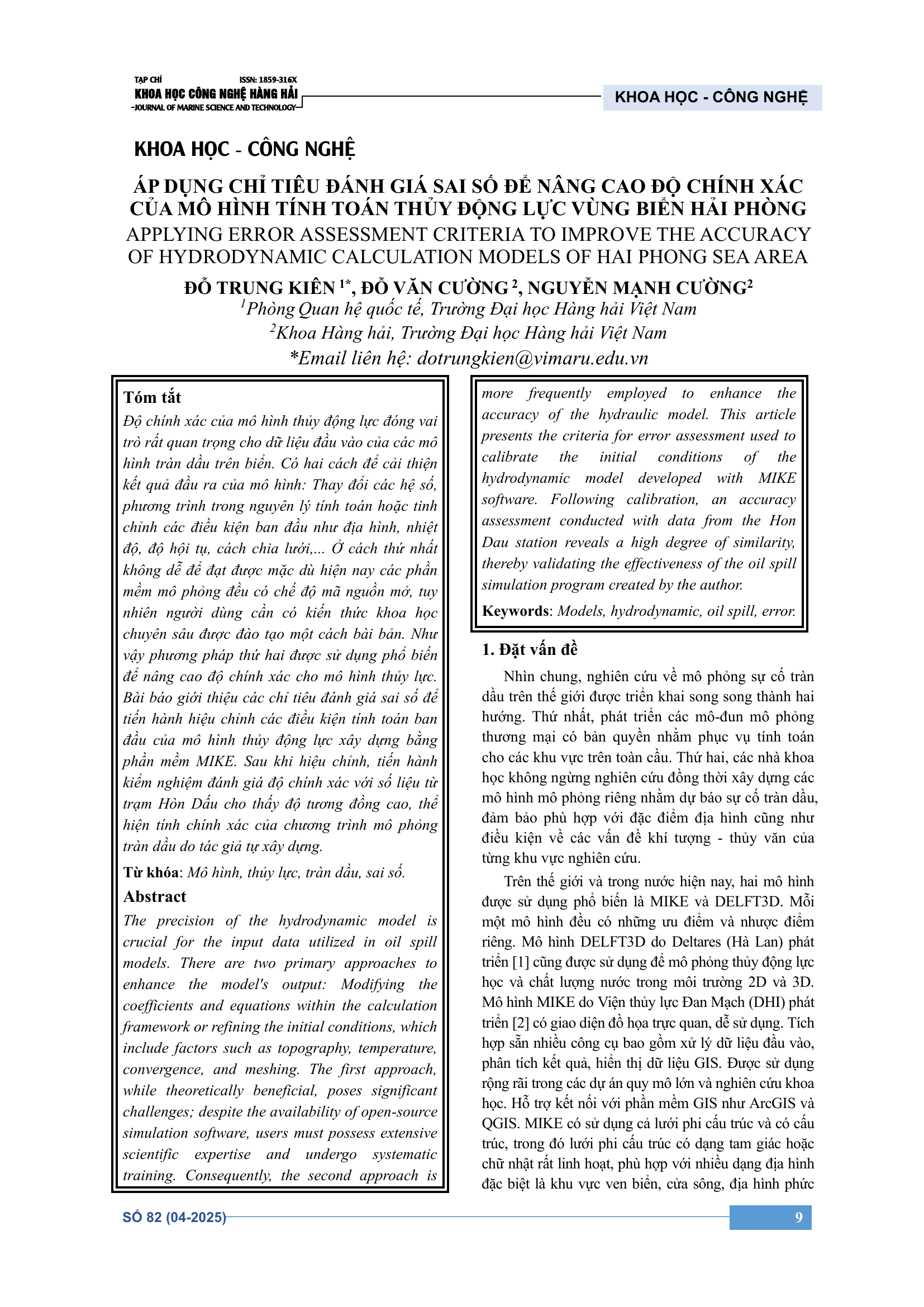 Áp dụng chỉ tiêu đánh giá sai số để nâng cao độ chính xác của mô hình tính toán thủy động lực vùng biển Hải Phòng