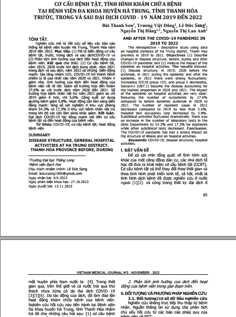 Cơ cấu bệnh tật, tình hình khám chữa bệnh tại bệnh viện đa khoa huyện Hà Trung, tỉnh Thanh Hóa trước, trong và sau đại dịch Covid - 19 năm 2019 đến 2022