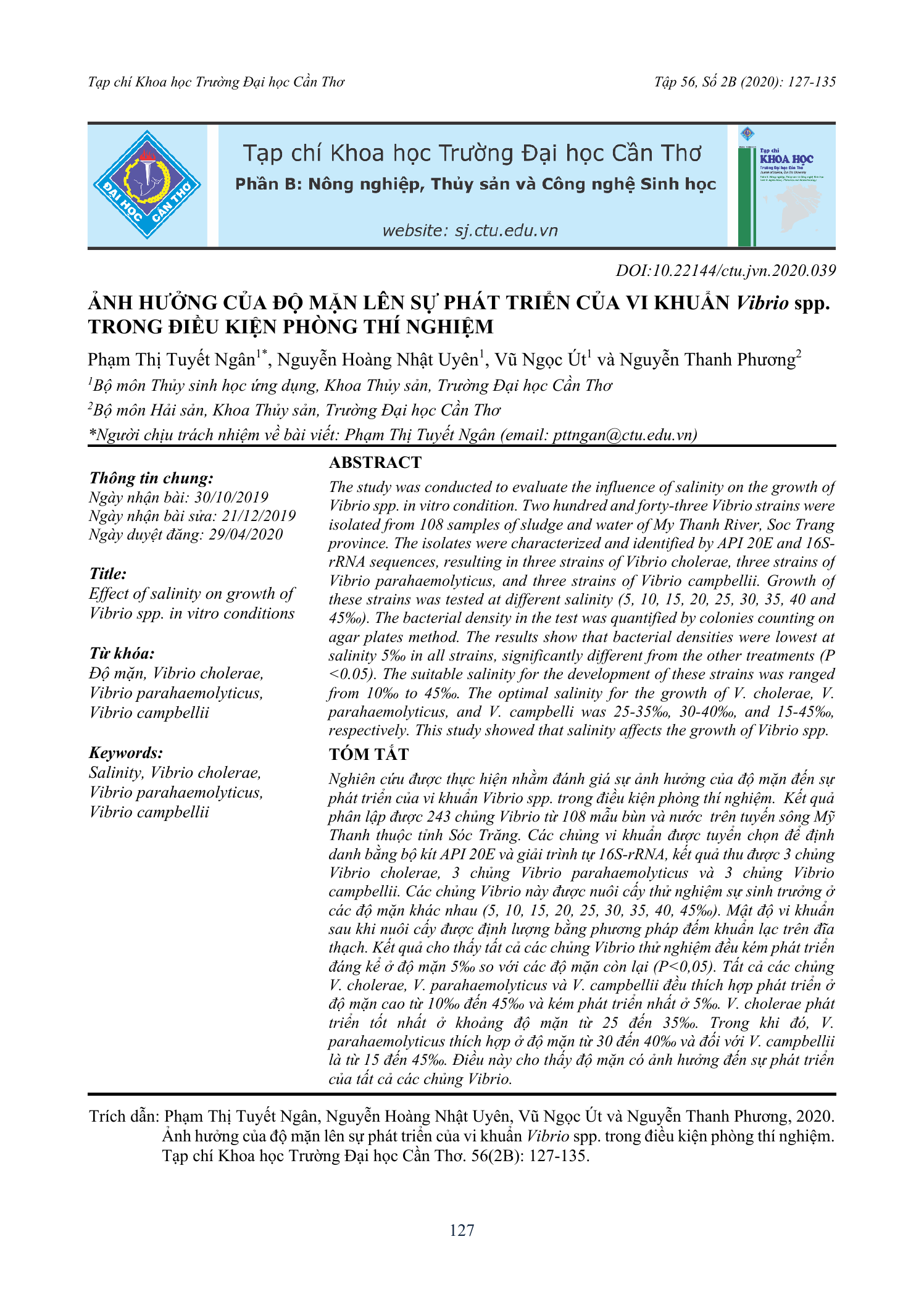 Ảnh hưởng của độ mặn lên sự phát triển của vi khuẩn Vibrio spp. trong điều kiện phòng thí nghiệm