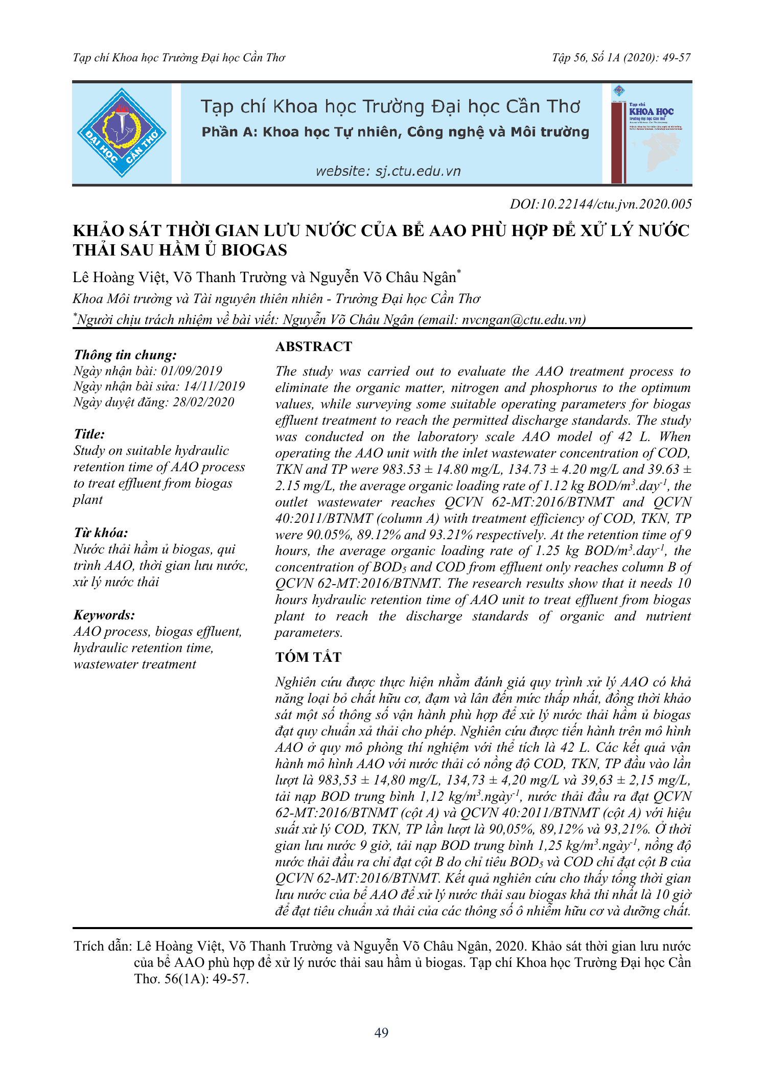 Khảo sát thời gian lưu nước của bể AAO phù hợp để xử lý nước thải sau hầm ủ biogas
