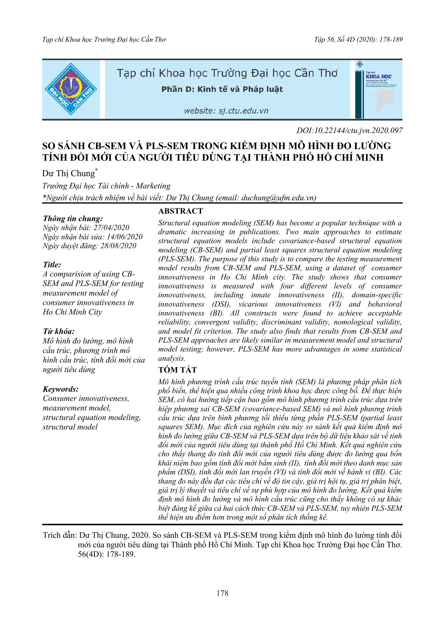 So sánh CB-SEM và PLS-SEM trong kiểm định mô hình đo lường tính đổi mới của người tiêu dùng tại Thành phố Hồ Chí Minh