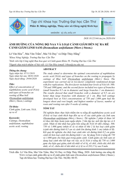 Ảnh hưởng của nồng độ NAA và loại cành giâm đến sự ra rễ cành giâm linh sam (Desmodium unifoliatum (Merr.) Steen.)