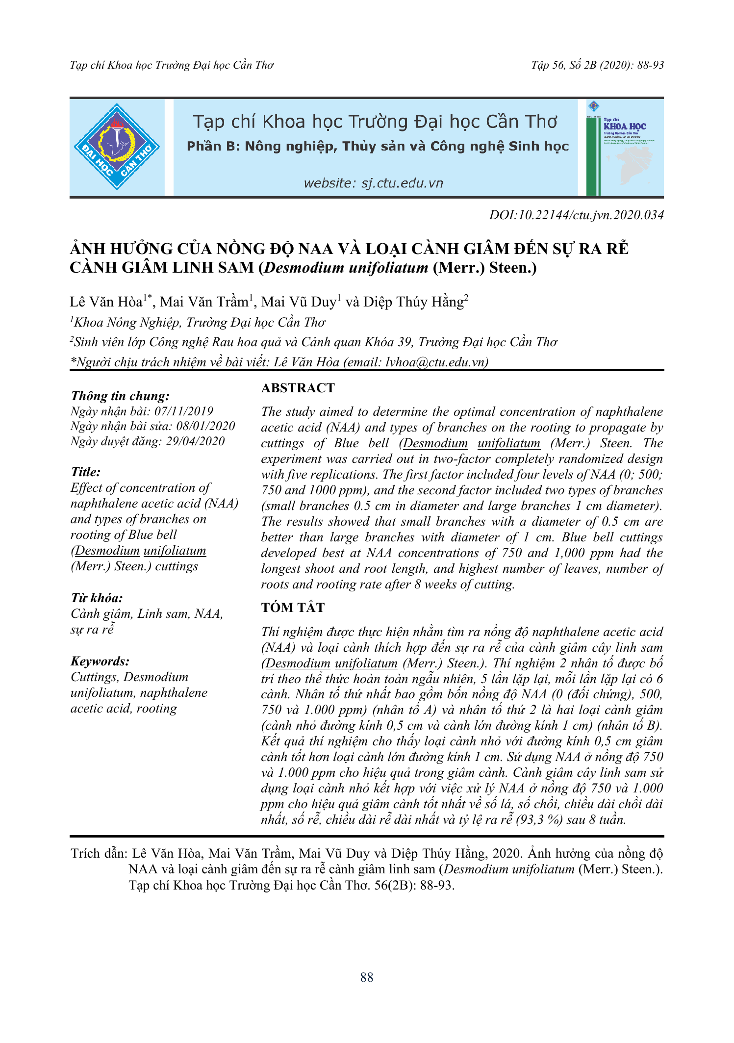 Ảnh hưởng của nồng độ NAA và loại cành giâm đến sự ra rễ cành giâm linh sam (Desmodium unifoliatum (Merr.) Steen.)