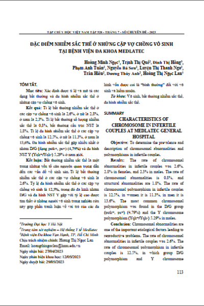 Đặc điểm nhiễm sắc thể ở những cặp vợ chồng vô sinh tại Bệnh viện Đa khoa Medlatec