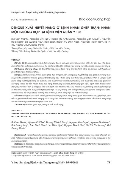 Dengue xuất huyết nặng ở bệnh nhân ghép thận: nhân một trường hợp tại Bệnh Viện Quân Y 103