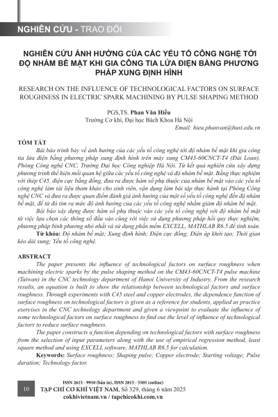 Nghiên cứu ảnh hưởng của các yếu tố công nghệ tới độ nhám bề mặt khi gia công tia lửa điện bằng phương pháp xung định hình