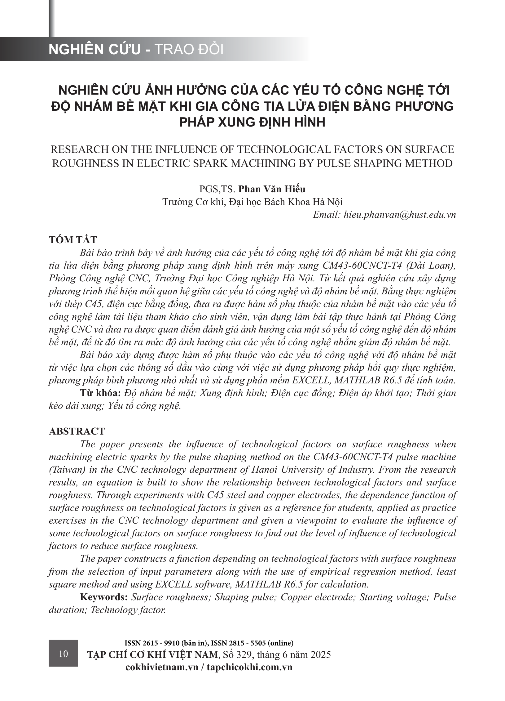 Nghiên cứu ảnh hưởng của các yếu tố công nghệ tới độ nhám bề mặt khi gia công tia lửa điện bằng phương pháp xung định hình