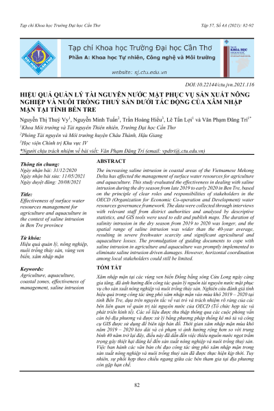 Hiệu quả quản lý tài nguyên nước mặt phục vụ sản xuất nông nghiệp và nuôi trồng thủy sản dưới tác động của xâm nhập mặn tại tỉnh Bến Tre