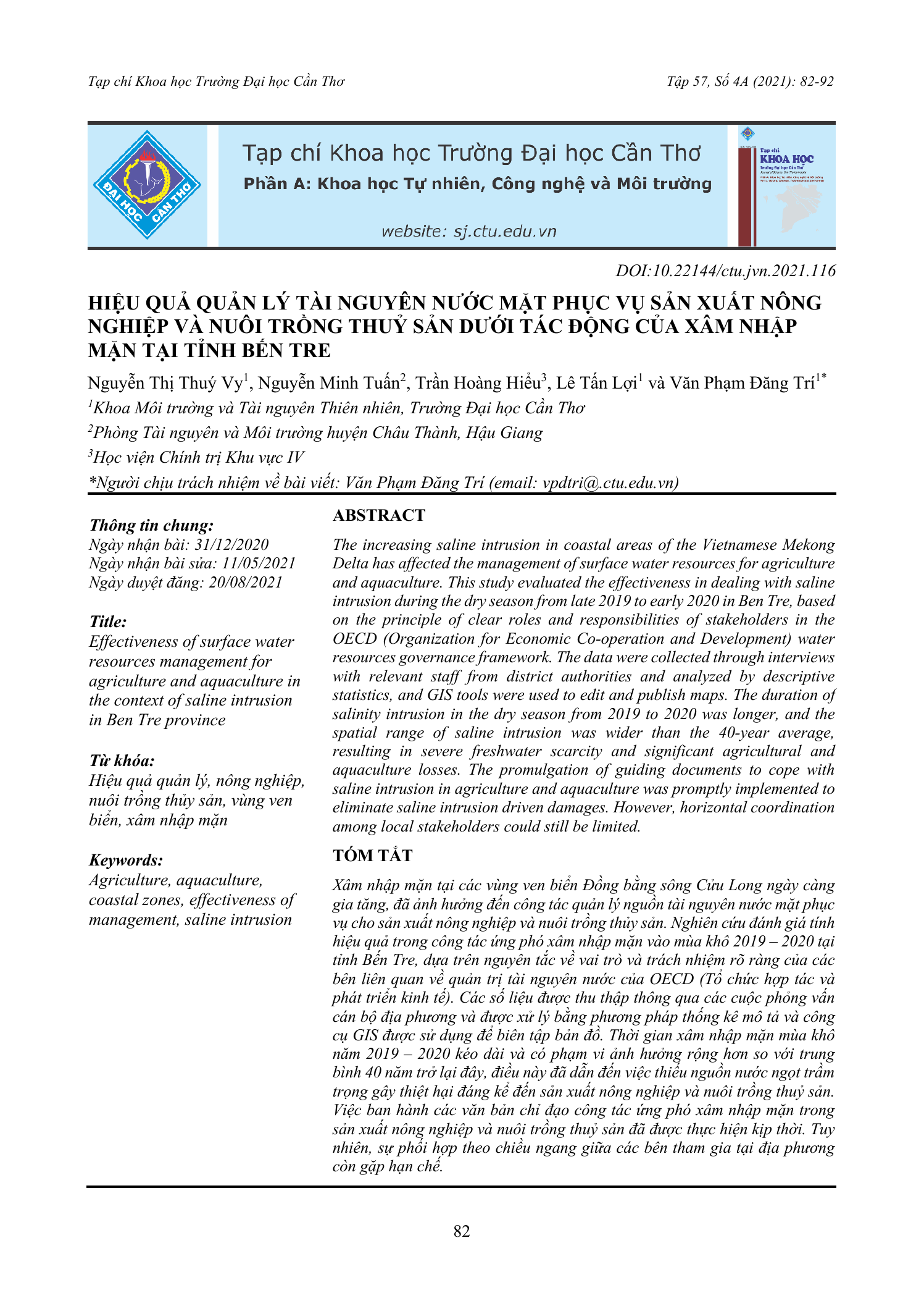 Hiệu quả quản lý tài nguyên nước mặt phục vụ sản xuất nông nghiệp và nuôi trồng thủy sản dưới tác động của xâm nhập mặn tại tỉnh Bến Tre