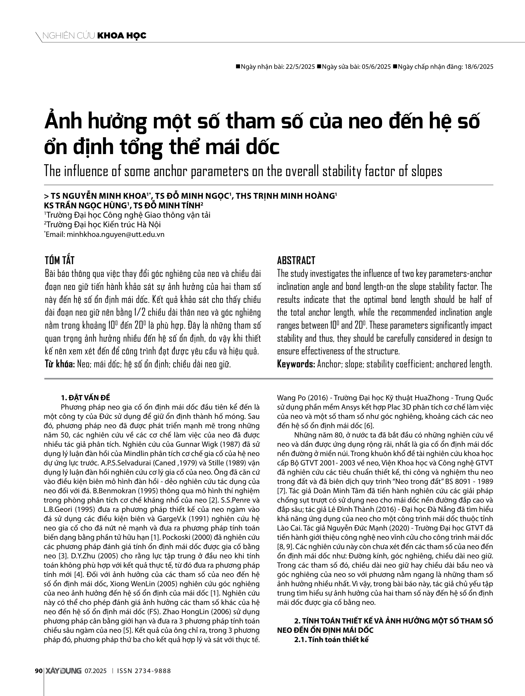 Ảnh hưởng một số tham số của neo đến hệ số ổn định tổng thể mái dốc