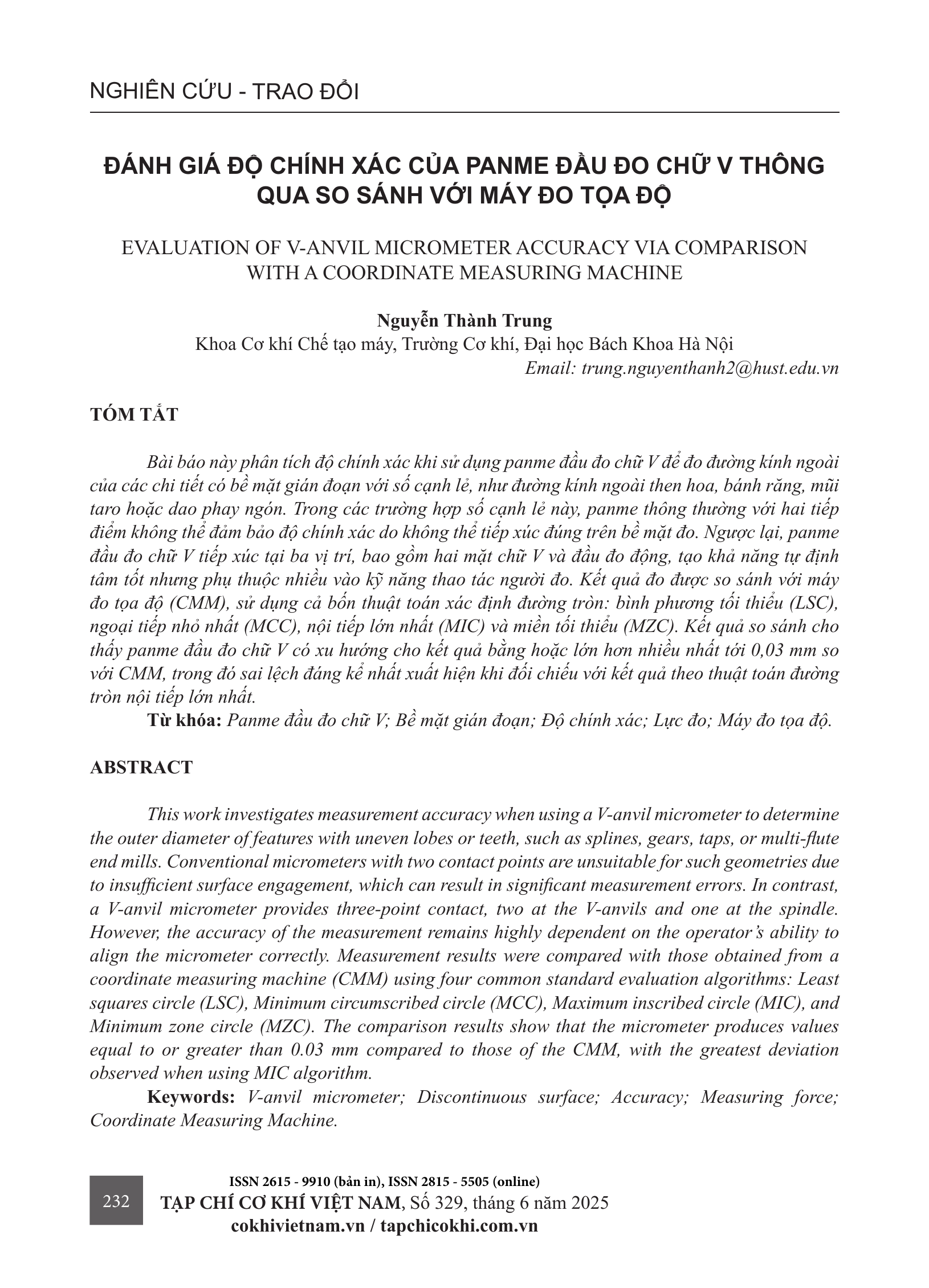 Đánh giá độ chính xác của panme đầu đo chữ V thông qua so sánh với máy đo tọa độ