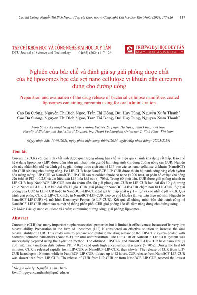 Nghiên cứu bào chế và đánh giá sự giải phóng dược chất của hệ liposomes bọc các sợi nano cellulose vi khuẩn dẫn curcumin dùng cho đường uống