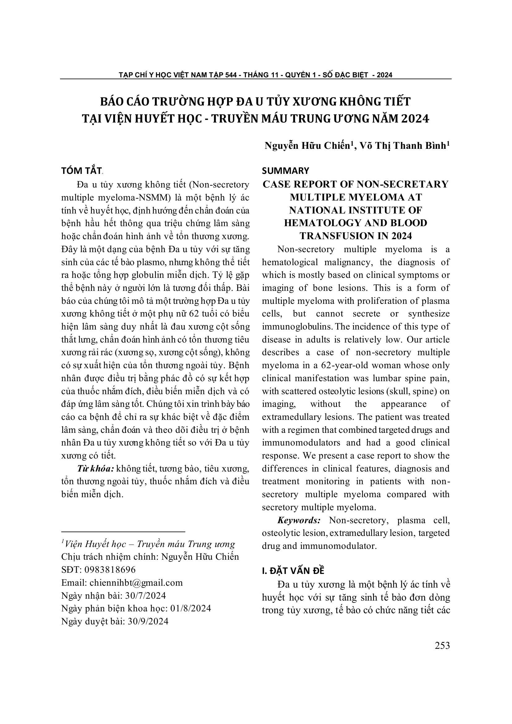 Báo cáo trường hợp đa u tủy xương không tiết tại Viện Huyết học - Truyền máu Trung ương năm 2024