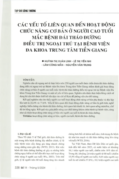 Các yếu tố liên quan đến hoạt động chức năng cơ bản ở người cao tuổi mắc bệnh đái tháo đường điều trị ngoại trú tại Bệnh viện Đa khoa Trung tâm Tiền Giang