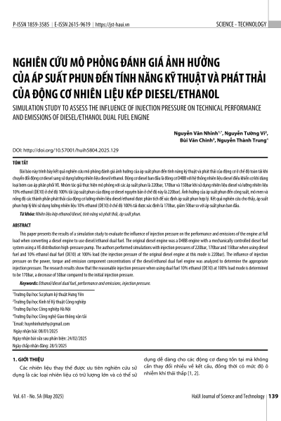 Nghiên cứu mô phỏng đánh giá ảnh hưởng của áp suất phun đến tính năng kỹ thuật và phát thải của động cơ nhiên liệu kép diesel/ethanol