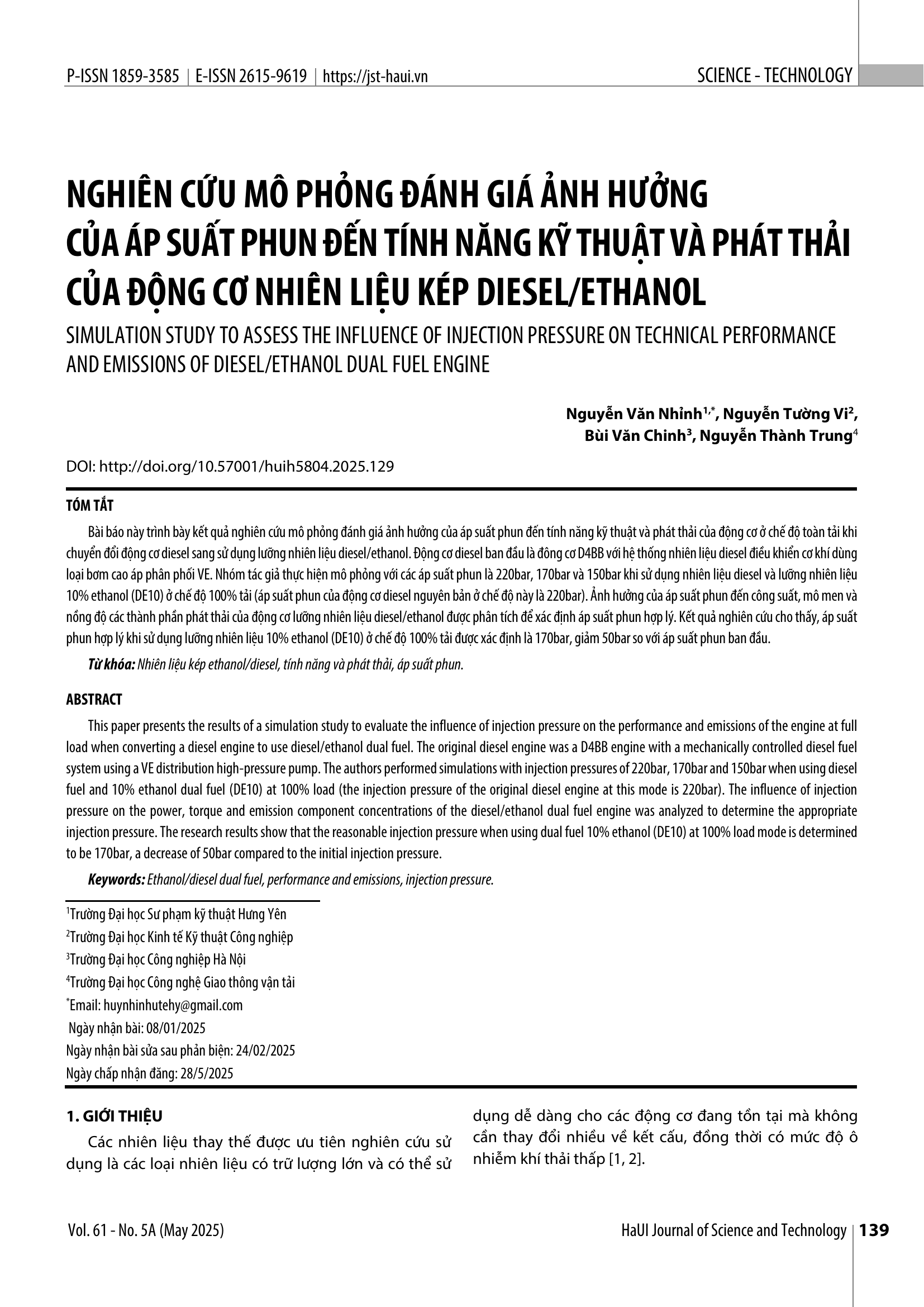 Nghiên cứu mô phỏng đánh giá ảnh hưởng của áp suất phun đến tính năng kỹ thuật và phát thải của động cơ nhiên liệu kép diesel/ethanol