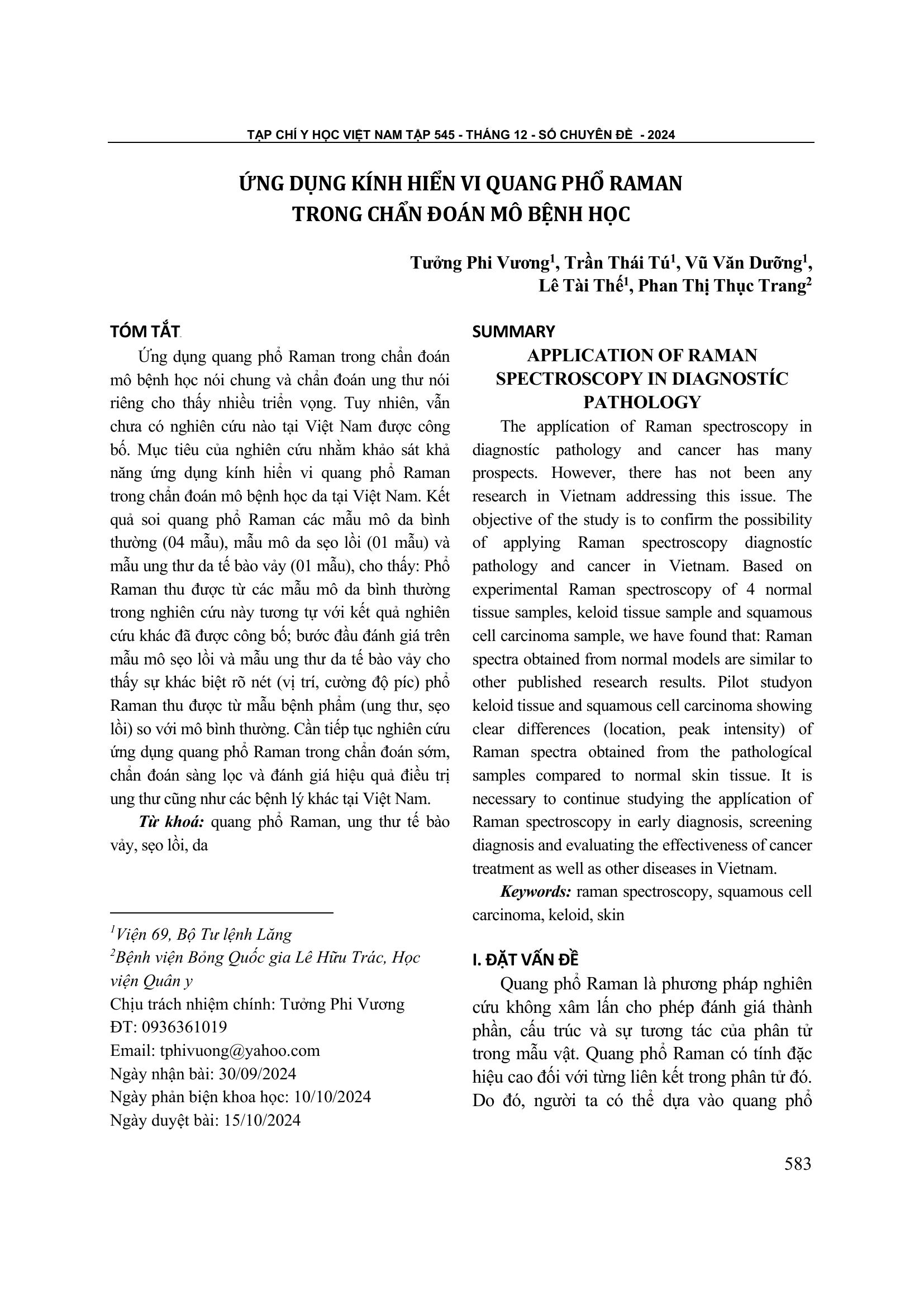 Ứng dụng kính hiển vi quang phổ Raman trong chẩn đoán mô bệnh học