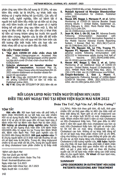 RỐI LOẠN LIPID MÁU TRÊN NGƯỜI BỆNH HIV/AIDS ĐIỀU TRỊ ARV NGOẠI TRÚ TẠI BỆNH VIỆN BẠCH MAI NĂM 2022