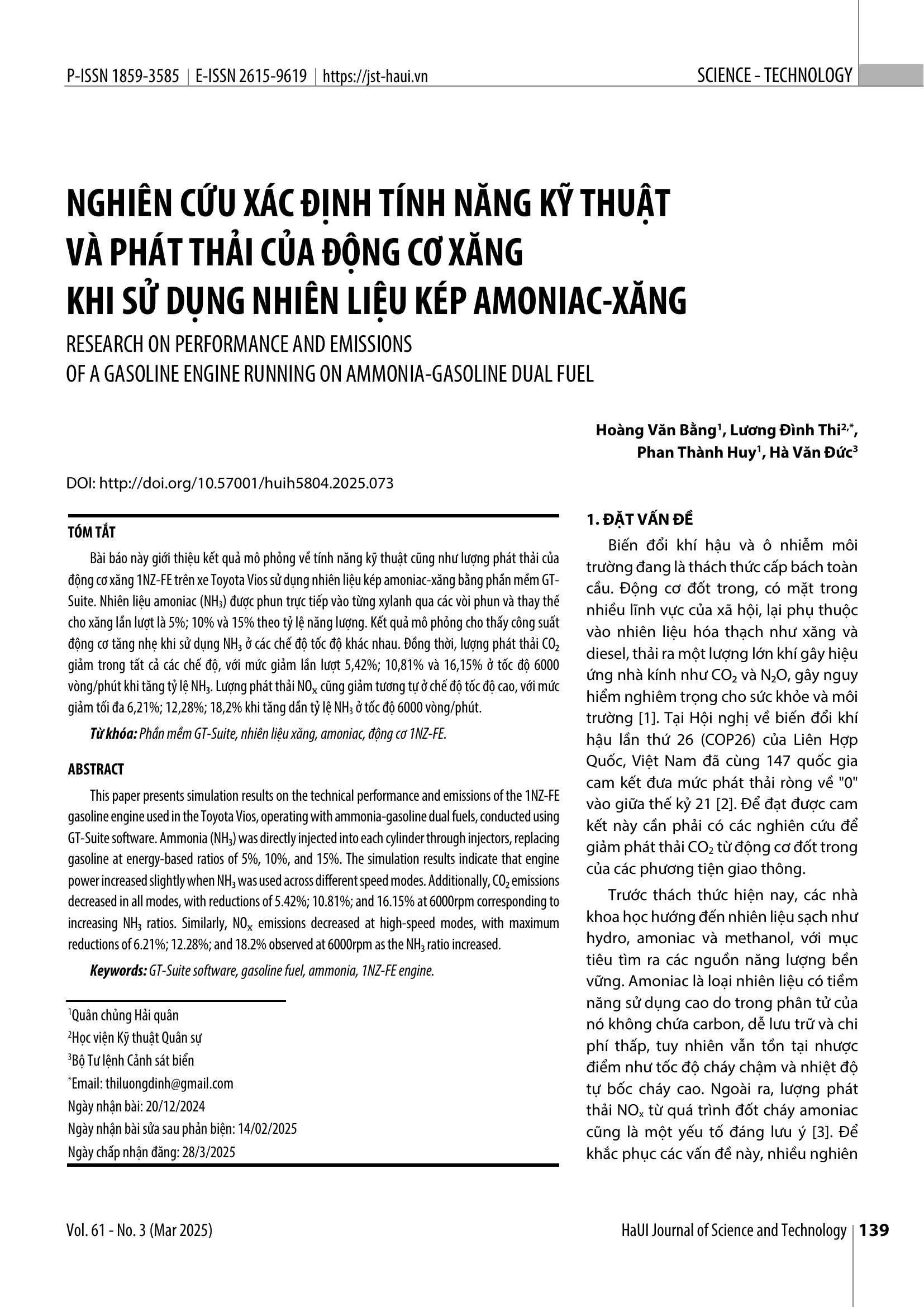 Nghiên cứu xác định tính năng kỹ thuật và phát thải của động cơ xăng khi sử dụng nhiên liệu kép amoniac-xăng