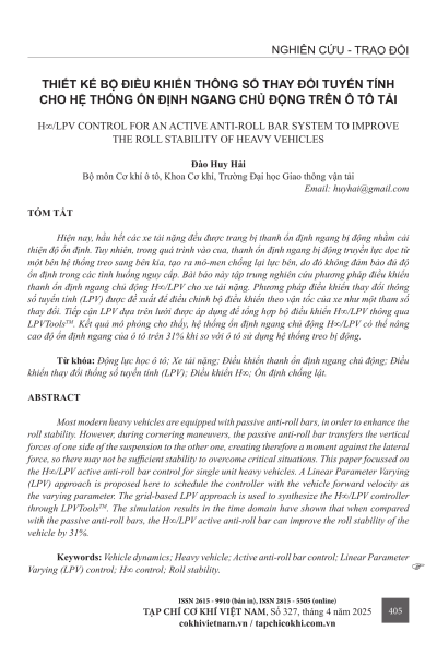 Thiết kế bộ điều khiển thông số thay đổi tuyến tính cho hệ thống ổn định ngang chủ động trên ô tô tải