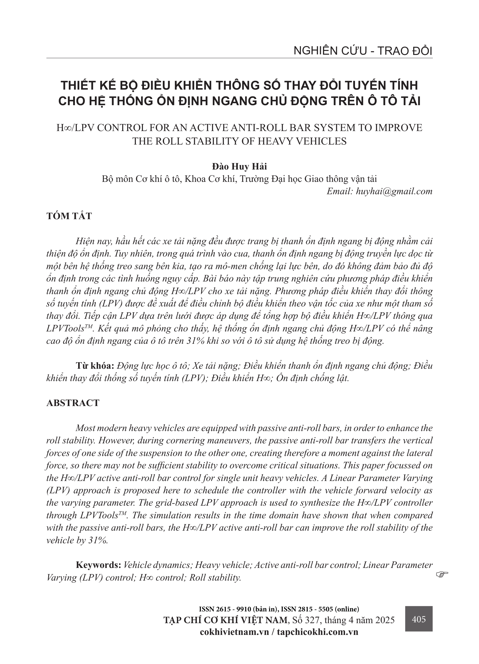 Thiết kế bộ điều khiển thông số thay đổi tuyến tính cho hệ thống ổn định ngang chủ động trên ô tô tải