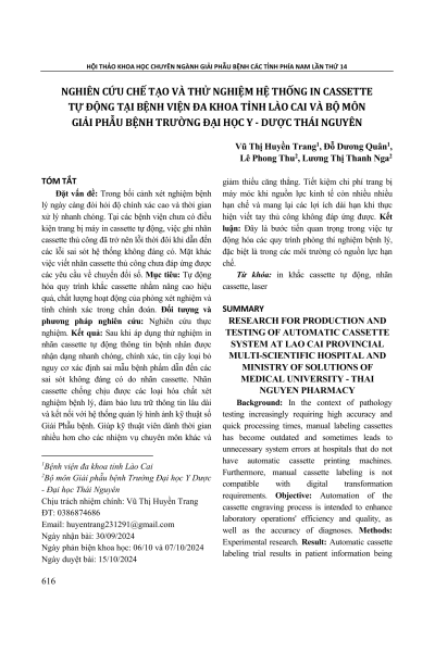 Nghiên cứu chế tạo và thử nghiệm hệ thống in cassette tự động tại Bệnh viện đa khoa tỉnh Lào Cai và Bộ môn Giải phẫu bệnh Trường Đại học Y - Dược Thái Nguyên