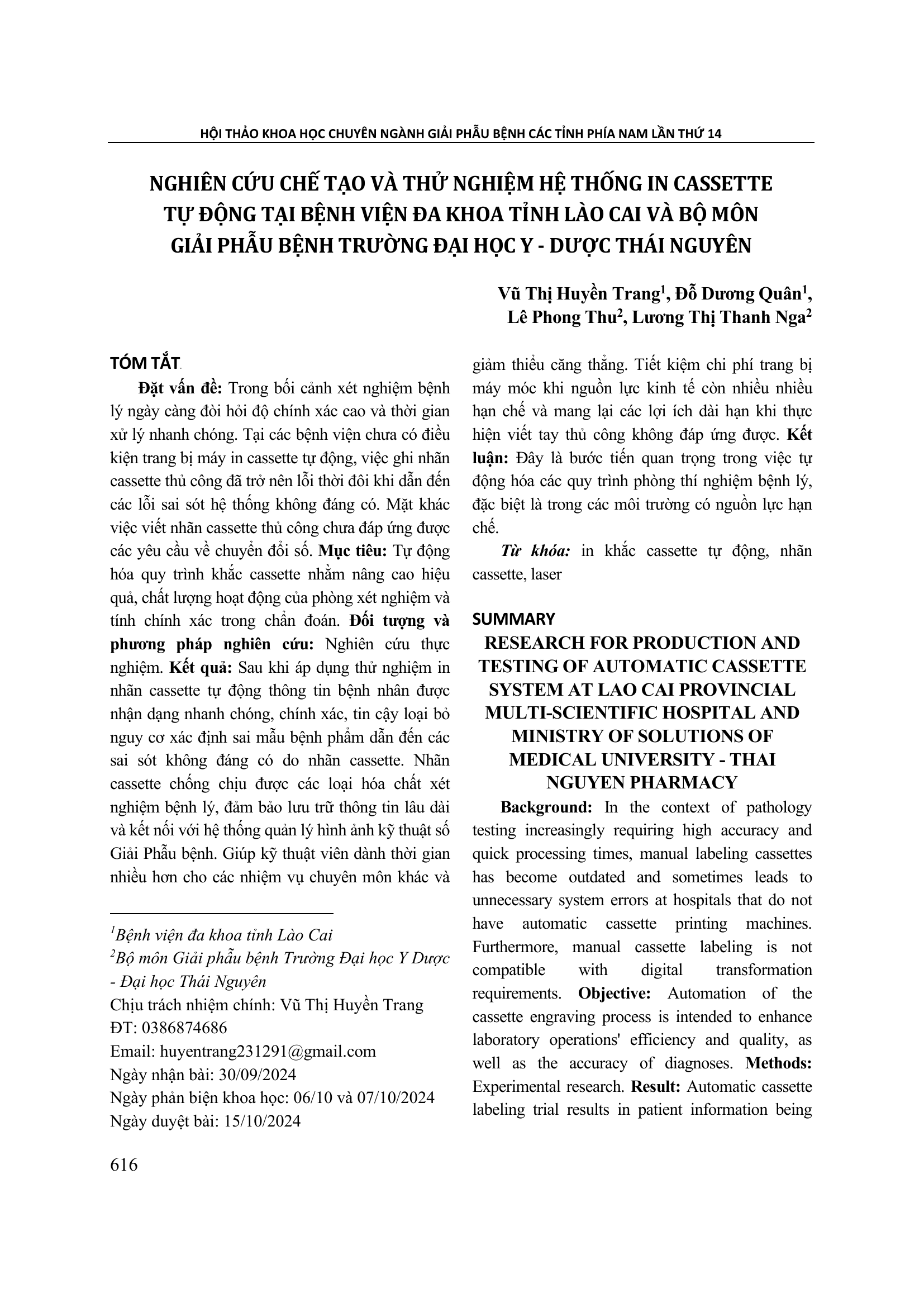 Nghiên cứu chế tạo và thử nghiệm hệ thống in cassette tự động tại Bệnh viện đa khoa tỉnh Lào Cai và Bộ môn Giải phẫu bệnh Trường Đại học Y - Dược Thái Nguyên