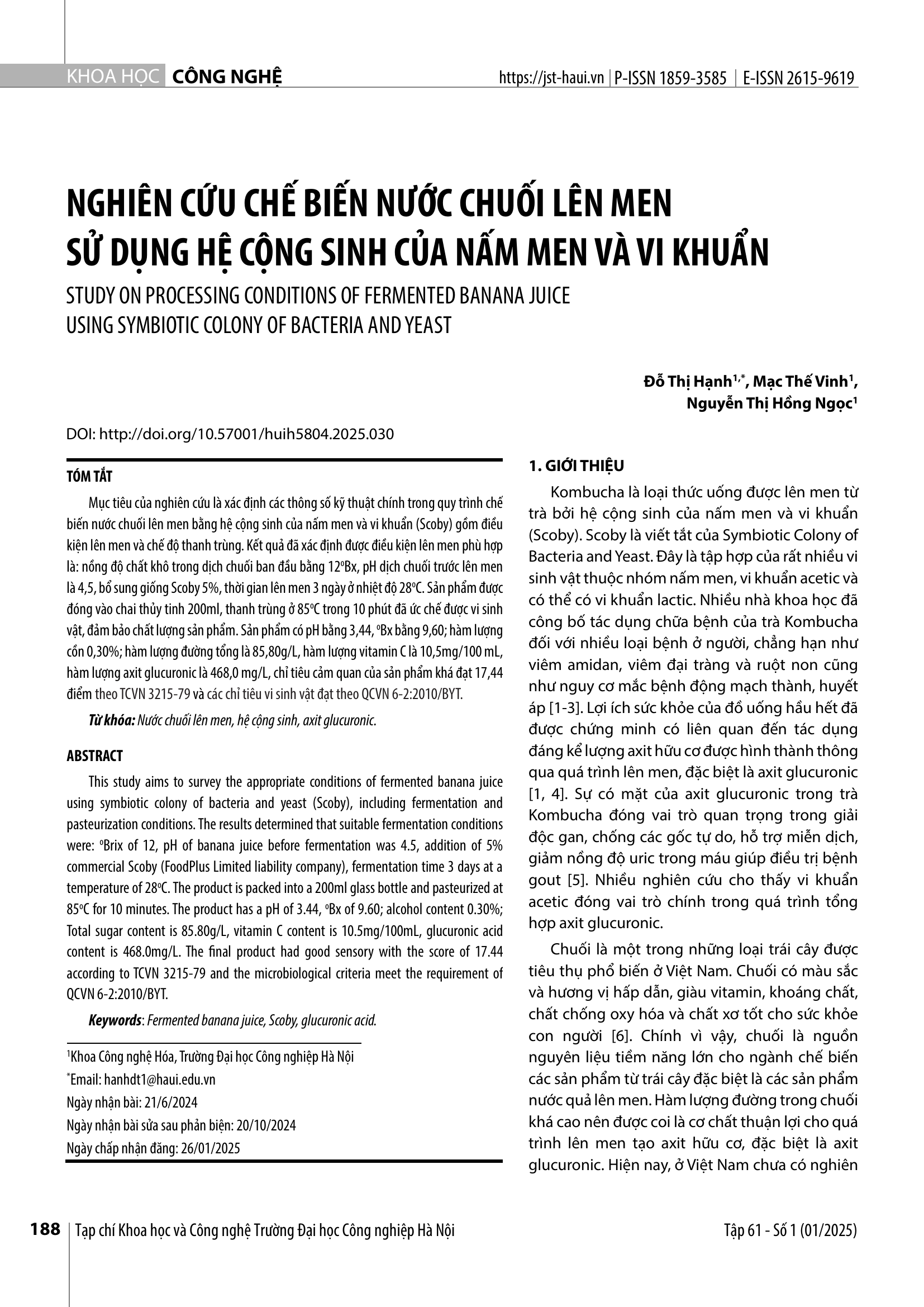 Nghiên cứu chế biến nước chuối lên men sử dụng hệ cộng sinh của nấm men và vi khuẩn