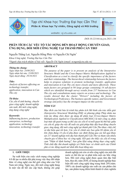 Phân tích các yếu tố tác động đến hoạt động chuyển giao, ứng dụng, đổi mới công nghệ tại thành phố Cần Thơ