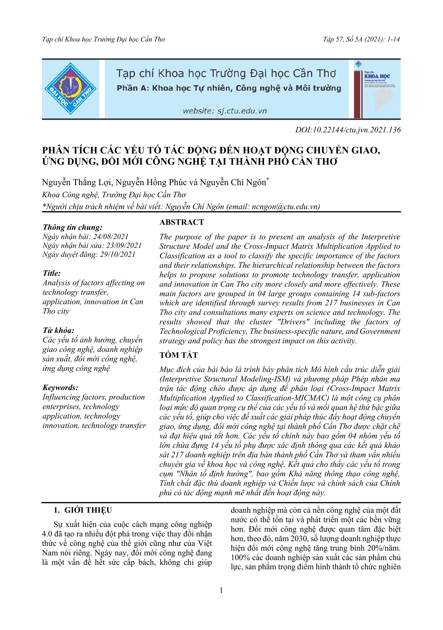 Phân tích các yếu tố tác động đến hoạt động chuyển giao, ứng dụng, đổi mới công nghệ tại thành phố Cần Thơ