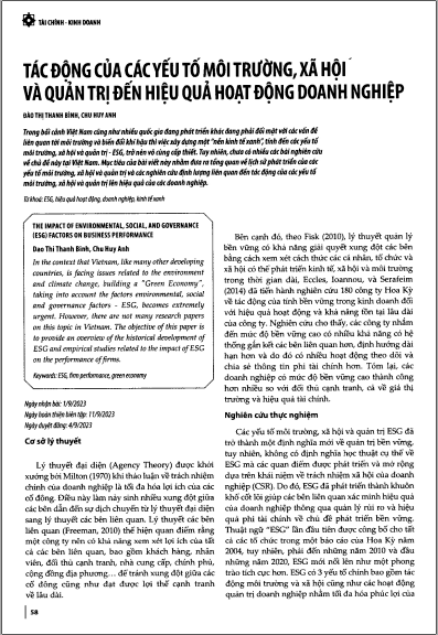 Tác động của các yếu tố môi trường, xã hội và quản trị đến hiệu quả hoạt động doanh nghiệp