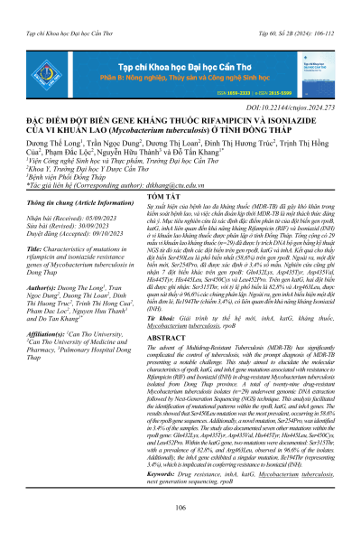 Đặc điểm đột biến gene kháng thuốc Rifampicin và Isoniazide của vi khuẩn lao (Mycobacterium tuberculosis) ở tỉnh Đồng Tháp