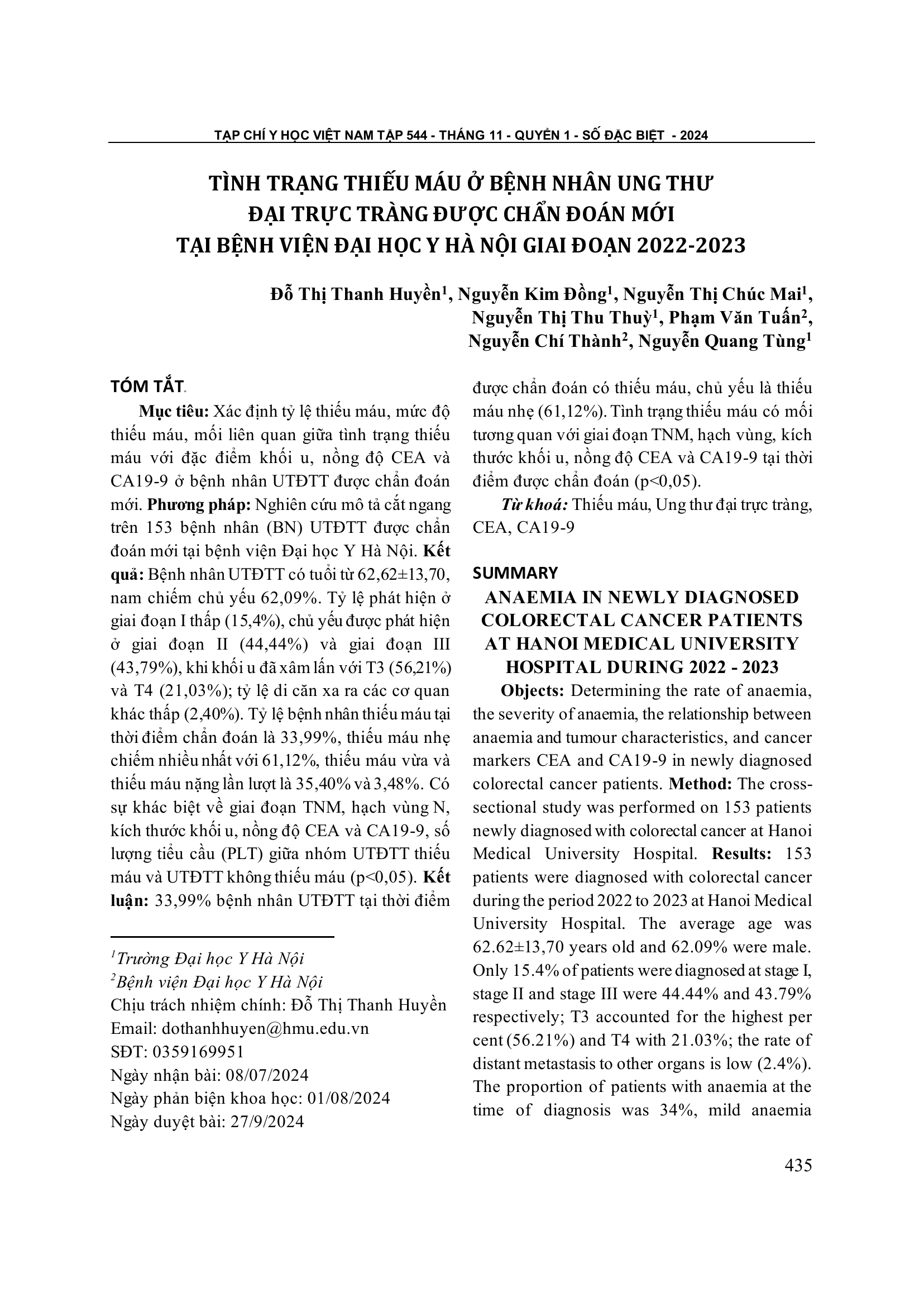 Tình trạng thiếu máu ở bệnh nhân ung thư đại trực tràng được chẩn đoán mới tại bệnh viện Đại học Y Hà Nội giai đoạn 2022-2023
