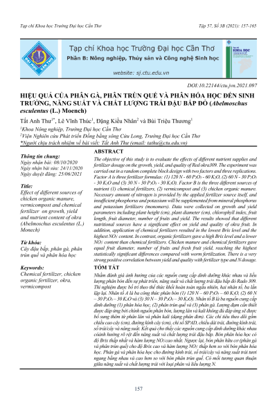 Hiệu quả của phân gà, phân trùn quế và phân hóa học đến sinh trưởng, năng suất và chất lượng trái đậu bắp đỏ (Abelmoschus esculentus (L.) Moench)