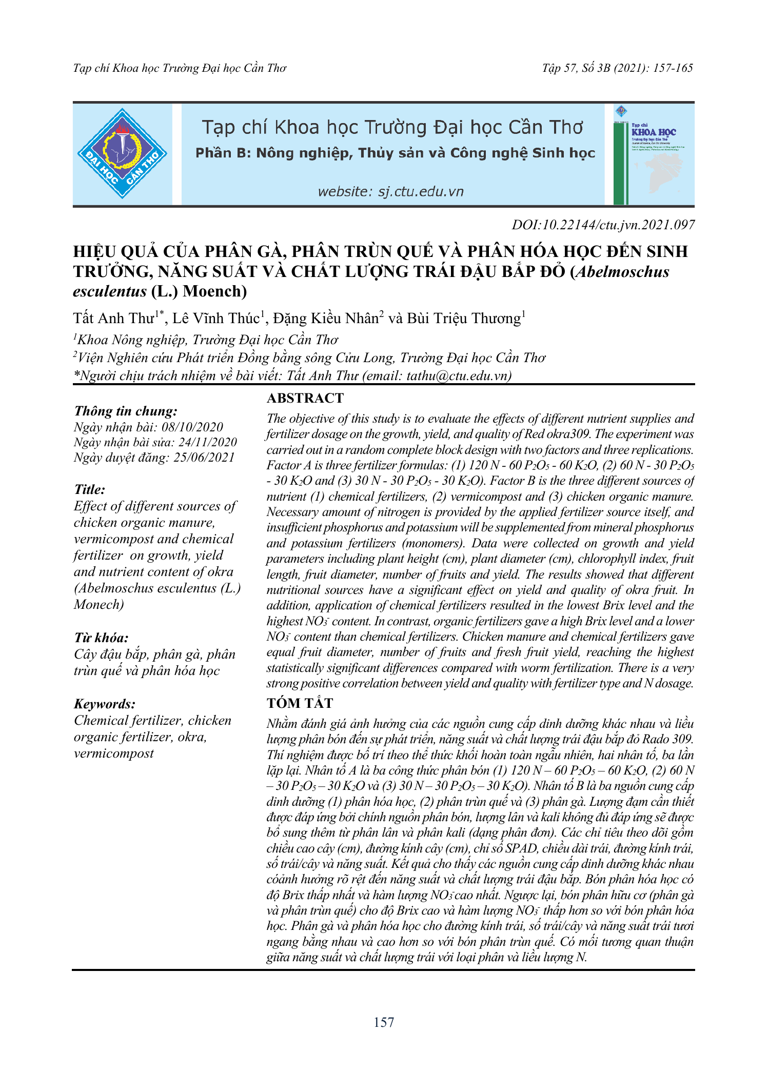Hiệu quả của phân gà, phân trùn quế và phân hóa học đến sinh trưởng, năng suất và chất lượng trái đậu bắp đỏ (Abelmoschus esculentus (L.) Moench)