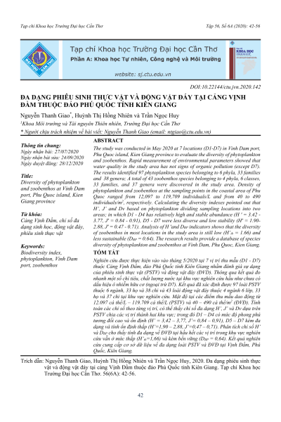 Đa dạng phiêu sinh thực vật và động vật đáy tại cảng Vịnh Đầm thuộc đảo Phú Quốc tỉnh Kiên Giang