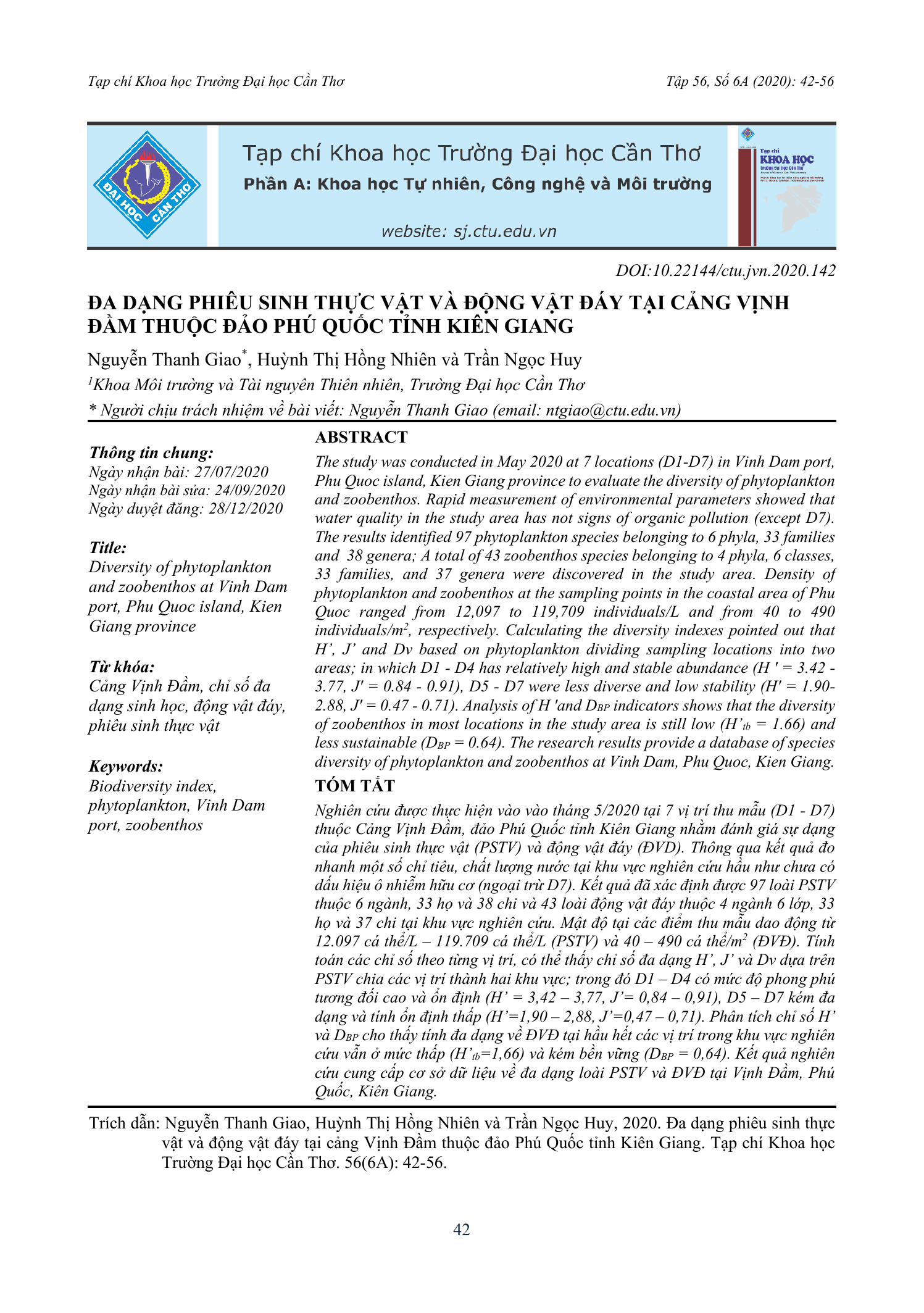 Đa dạng phiêu sinh thực vật và động vật đáy tại cảng Vịnh Đầm thuộc đảo Phú Quốc tỉnh Kiên Giang