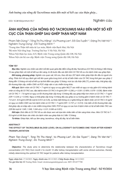 Ảnh hưởng của nồng độ tacrolimus máu đến một số kết cục của thận ghép sau ghép thận một năm