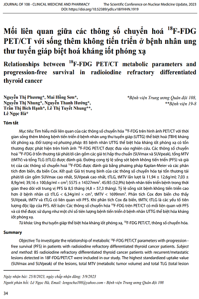 Mối liên quan giữa các thông số chuyển hoá 18F-FDG PET/CT với sống thêm không tiến triển ở bệnh nhân ung thư tuyến giáp biệt hoá kháng iốt phóng xạ