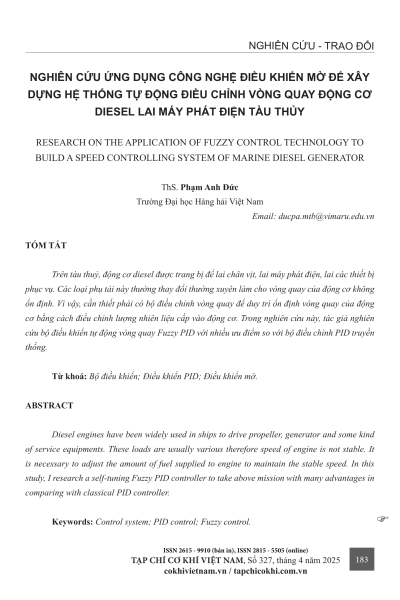 Nghiên cứu ứng dụng công nghệ điều khiển mờ để xây dựng hệ thống tự động điều chỉnh vòng quay động cơ diesel lai máy phát điện tàu thủy