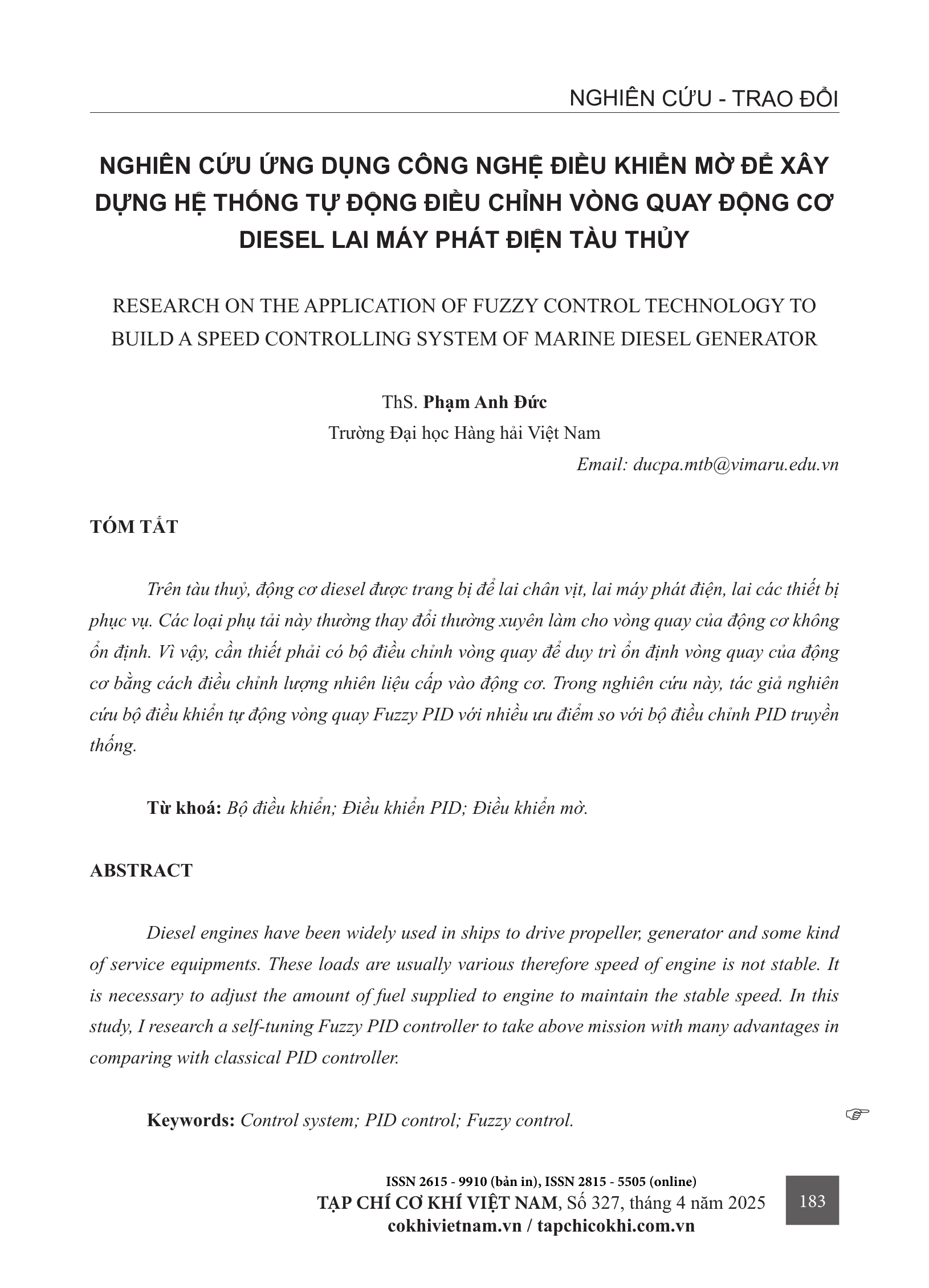 Nghiên cứu ứng dụng công nghệ điều khiển mờ để xây dựng hệ thống tự động điều chỉnh vòng quay động cơ diesel lai máy phát điện tàu thủy