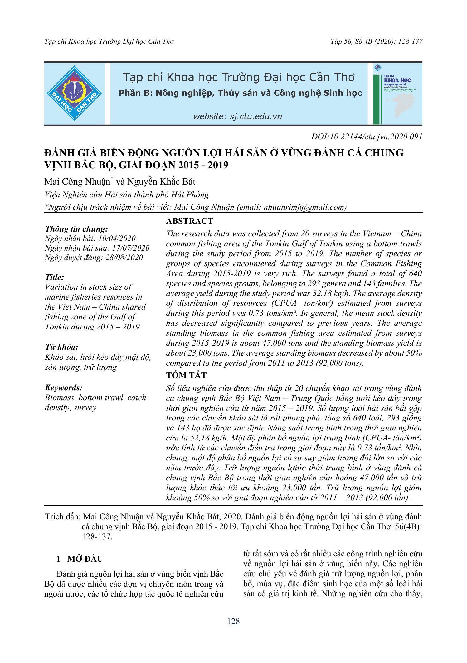 Đánh giá biến động nguồn lợi hải sản ở vùng đánh cá chung Vịnh Bắc Bộ, giai đoạn 2015–2019