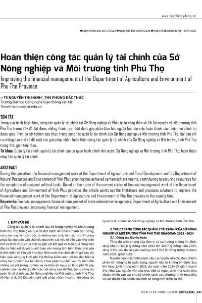 Hoàn thiện công tác quản lý tài chính của Sở Nông nghiệp và Môi trường tỉnh Phú Thọ